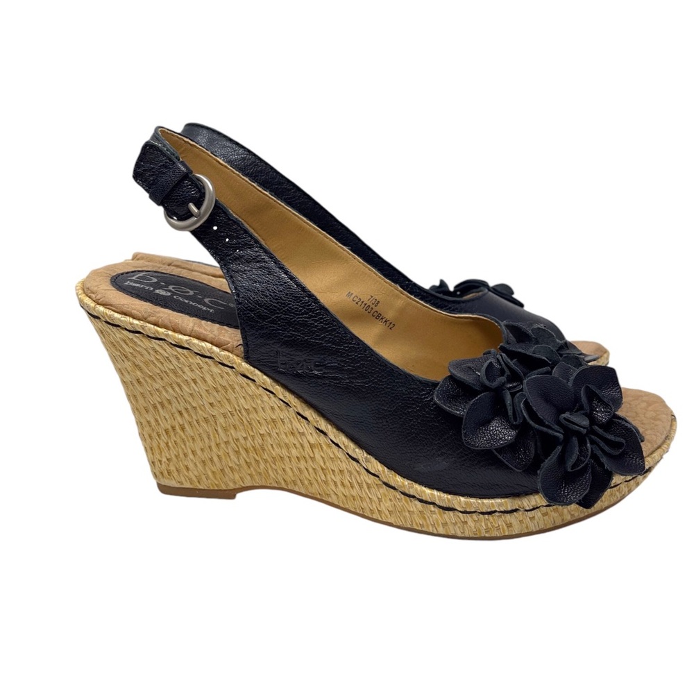 Born BOC wedge black leather floral Slingback peep toe sandal women’s size 7